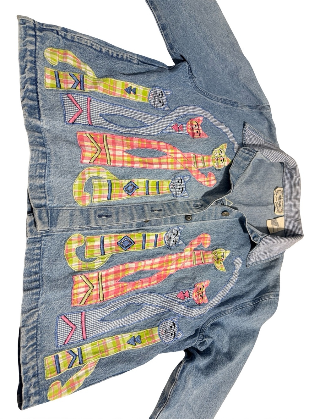 Vintage Tantrums Cat Appliqué Denim Jacket Large Artsy Quilted Patchwork - Picture 8 of 12